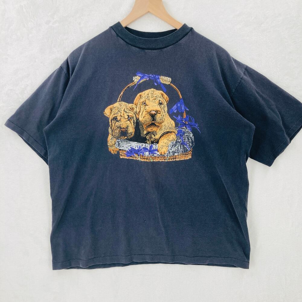 Vintage Shar Pei Dog Shirt Adult XL Black Single Stitch USA Made Basket Cute
